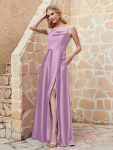 Robe Capot de A-ligne en Satin avec Fente Glycine