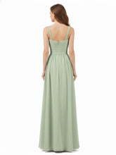 Plissé Mousseline Bustier Robe Longue avec Bretelles Sauge Poudrée