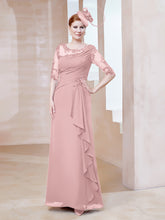 Robe en Mousseline à Manches Mi-longues et Décolleté Illusion avec Dentelle Rose Poudré