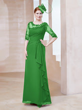 Robe en Mousseline à Manches Mi-longues et Décolleté Illusion avec Dentelle Vert