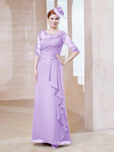 Robe en Mousseline à Manches Mi-longues et Décolleté Illusion avec Dentelle Lilas