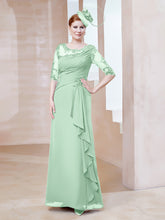 Robe en Mousseline à Manches Mi-longues et Décolleté Illusion avec Dentelle Vert Menthe