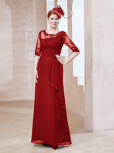 Robe en Mousseline à Manches Mi-longues et Décolleté Illusion avec Dentelle Rouge