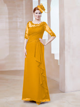 Robe en Mousseline à Manches Mi-longues et Décolleté Illusion avec Dentelle Mandarine