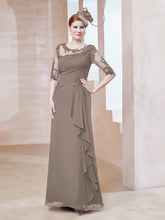 Robe en Mousseline à Manches Mi-longues et Décolleté Illusion avec Dentelle Taupe