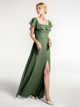 Robe Longue en Mousseline à Encolure Carrée avec Fente sur le Devant Olive Verte