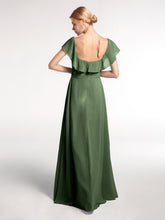 Robe Longue en Mousseline à Encolure Carrée avec Fente sur le Devant Olive Verte