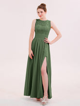 Robe Col d'Illusin Dentelle et Mousseline avec Fente Olive Verte