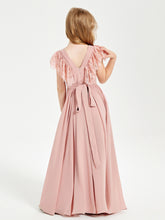 Robes de Demoiselle d'Honneur Junior avec Manches Flottantes en Dentelle Rose Poudré