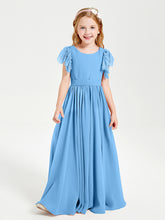 Robes de Demoiselle d'Honneur Junior avec Manches Flottantes en Dentelle Bleu