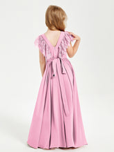 Robes de Demoiselle d'Honneur Junior avec Manches Flottantes en Dentelle Rose Bonbon