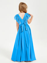 Robes de Demoiselle d'Honneur Junior avec Manches Flottantes en Dentelle Bleu Océan