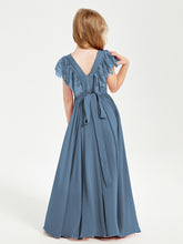 Robes de Demoiselle d'Honneur Junior avec Manches Flottantes en Dentelle Bleu de Schiste