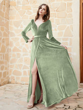 Robe en Velours à Manches Longues et Col en V Plongeant Sauge Poudrée