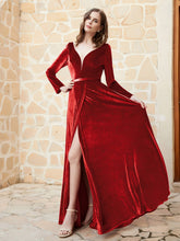 Robe en Velours à Manches Longues et Col en V Plongeant Rouge