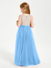 Robe Longue de Demoiselle d'Honneur Junior avec Haut en Paillettes et Jupe en Tulle Bleu