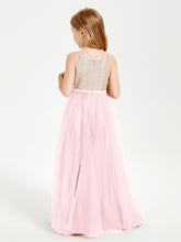 Robe Longue de Demoiselle d'Honneur Junior avec Haut en Paillettes et Jupe en Tulle Rose Pâle