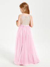 Robe Longue de Demoiselle d'Honneur Junior avec Haut en Paillettes et Jupe en Tulle Rose Bonbon