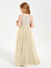 Robe Longue de Demoiselle d'Honneur Junior avec Haut en Paillettes et Jupe en Tulle Champagne