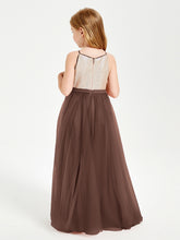 Robe Longue de Demoiselle d'Honneur Junior avec Haut en Paillettes et Jupe en Tulle Chocolat