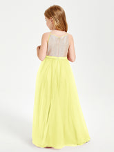 Robe Longue de Demoiselle d'Honneur Junior avec Haut en Paillettes et Jupe en Tulle Jonquille