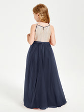 Robe Longue de Demoiselle d'Honneur Junior avec Haut en Paillettes et Jupe en Tulle Bleu Marine