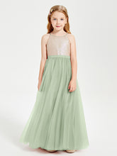 Robe Longue de Demoiselle d'Honneur Junior avec Haut en Paillettes et Jupe en Tulle Sauge Poudrée