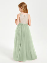 Robe Longue de Demoiselle d'Honneur Junior avec Haut en Paillettes et Jupe en Tulle Sauge Poudrée