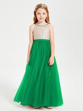 Robe Longue de Demoiselle d'Honneur Junior avec Haut en Paillettes et Jupe en Tulle Emeraude