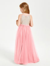 Robe Longue de Demoiselle d'Honneur Junior avec Haut en Paillettes et Jupe en Tulle Flamant