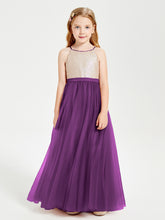 Robe Longue de Demoiselle d'Honneur Junior avec Haut en Paillettes et Jupe en Tulle Raisin