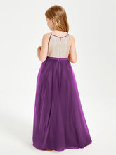 Robe Longue de Demoiselle d'Honneur Junior avec Haut en Paillettes et Jupe en Tulle Raisin