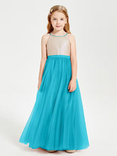 Robe Longue de Demoiselle d'Honneur Junior avec Haut en Paillettes et Jupe en Tulle Jade