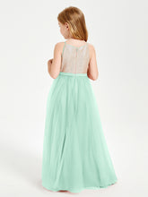 Robe Longue de Demoiselle d'Honneur Junior avec Haut en Paillettes et Jupe en Tulle Vert Menthe