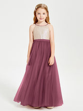 Robe Longue de Demoiselle d'Honneur Junior avec Haut en Paillettes et Jupe en Tulle Mûre