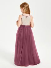 Robe Longue de Demoiselle d'Honneur Junior avec Haut en Paillettes et Jupe en Tulle Mûre