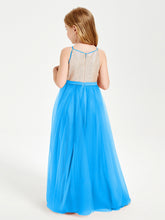 Robe Longue de Demoiselle d'Honneur Junior avec Haut en Paillettes et Jupe en Tulle Bleu Océan
