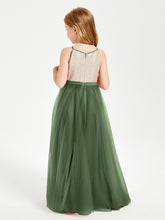 Robe Longue de Demoiselle d'Honneur Junior avec Haut en Paillettes et Jupe en Tulle Olive Verte