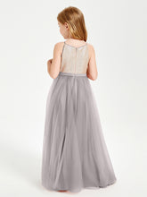 Robe Longue de Demoiselle d'Honneur Junior avec Haut en Paillettes et Jupe en Tulle Argent