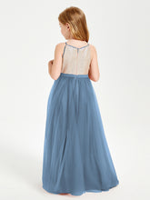 Robe Longue de Demoiselle d'Honneur Junior avec Haut en Paillettes et Jupe en Tulle Bleu de Schiste