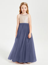 Robe Longue de Demoiselle d'Honneur Junior avec Haut en Paillettes et Jupe en Tulle Orageux
