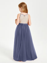 Robe Longue de Demoiselle d'Honneur Junior avec Haut en Paillettes et Jupe en Tulle Orageux