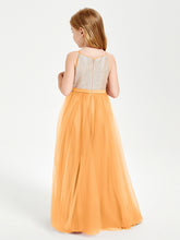Robe Longue de Demoiselle d'Honneur Junior avec Haut en Paillettes et Jupe en Tulle Mandarine