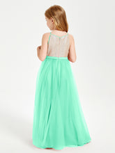 Robe Longue de Demoiselle d'Honneur Junior avec Haut en Paillettes et Jupe en Tulle Turquoise