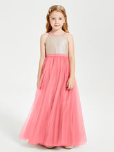 Robe Longue de Demoiselle d'Honneur Junior avec Haut en Paillettes et Jupe en Tulle Pastèque