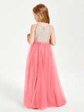 Robe Longue de Demoiselle d'Honneur Junior avec Haut en Paillettes et Jupe en Tulle Pastèque