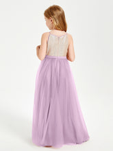 Robe Longue de Demoiselle d'Honneur Junior avec Haut en Paillettes et Jupe en Tulle Glycine