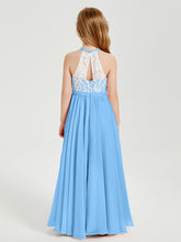 Robes de Demoiselle d'Honneur Longues en Mousseline avec Haut en Dentelle Bleu