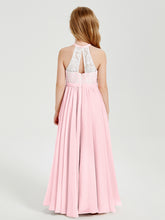 Robes de Demoiselle d'Honneur Longues en Mousseline avec Haut en Dentelle Rose Pâle
