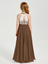 Robes de Demoiselle d'Honneur Longues en Mousseline avec Haut en Dentelle Brun